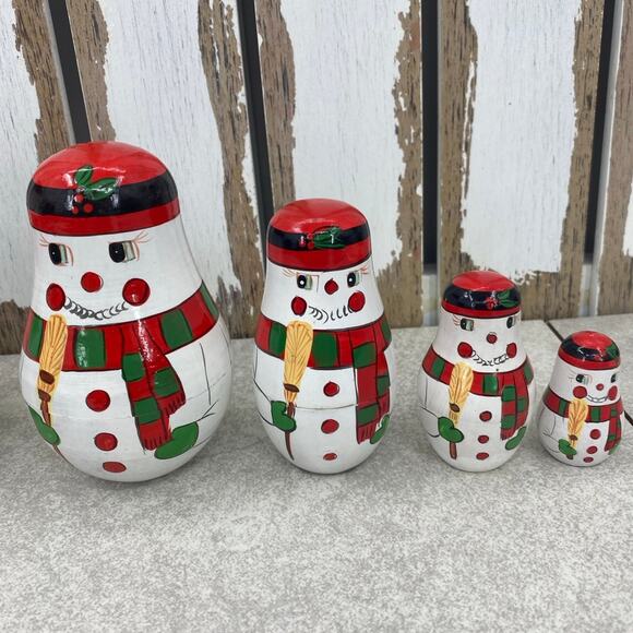 Festive Handpainted 4PC Russian Nesting Dolls Christmas Snowman Nesting Set - Picture 3 of 5